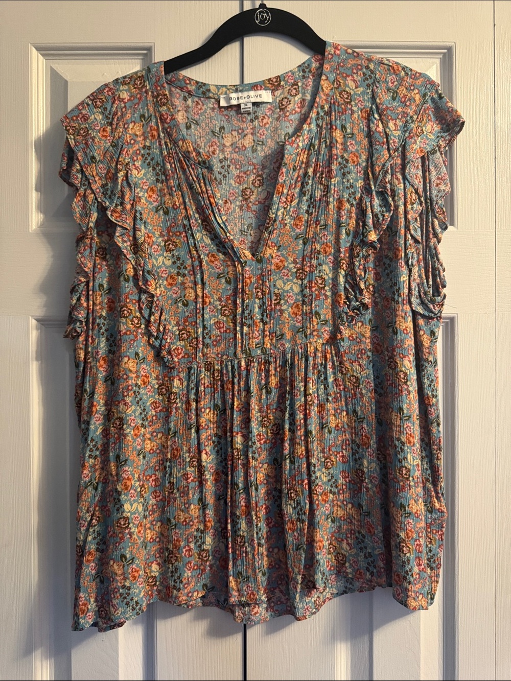 Rose & Olive Blue Floral Ruffle V-Neck Blouse